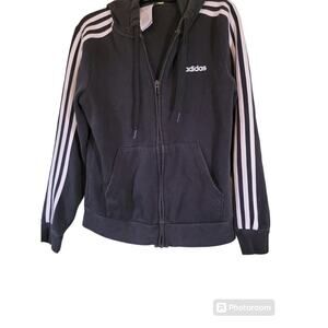 Adidas Jacket Womens 3 Stripe Hooded Workout Full Zip Long Sleeve Black White